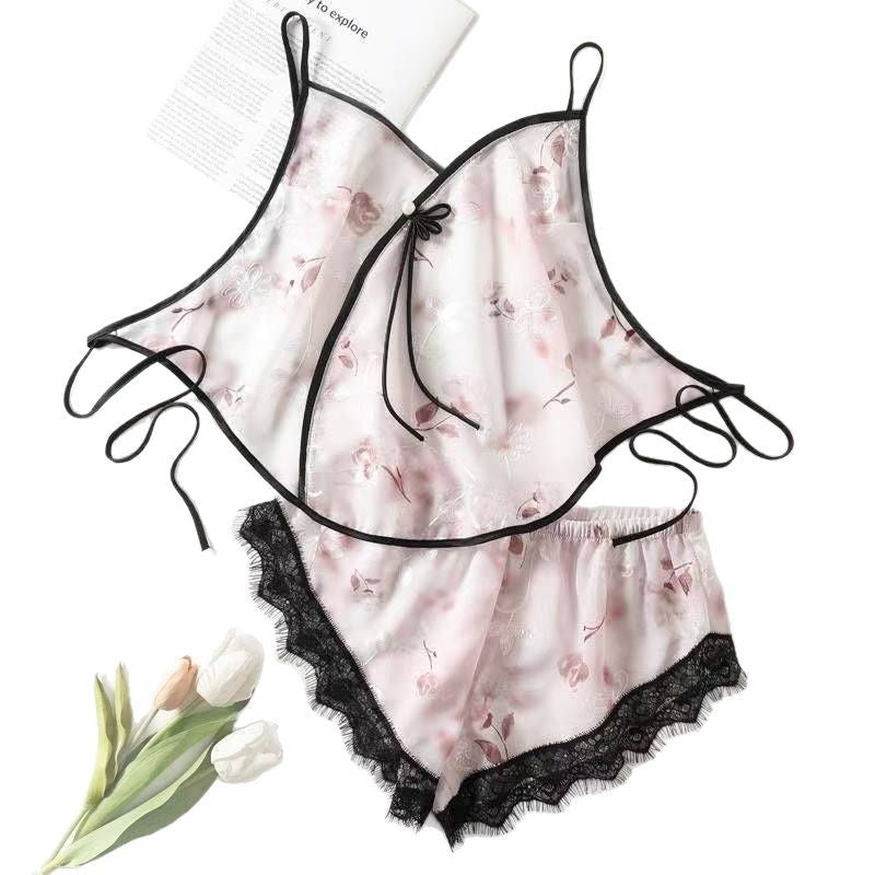 Image of Pretty summer plus-size sexy pajamas, ice silk belly pocket set, adult suspender sexy backless underwear, shorts, thin style